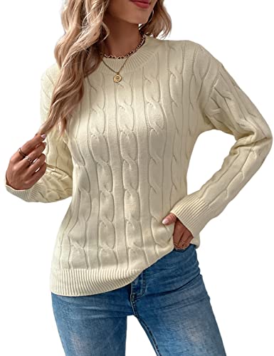 Niwicee Pullover & Strickjacken Für Damen Pullover Rundhalsausschnitt Viskose Unifarben-Beige-XL von Niwicee