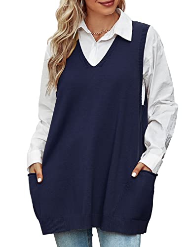Niwicee Pullunder Damen Ärmellos Strickweste V-Ausschnitt Weste Strick,Winter Herbst Warm Sweater Oversize Strickpullover Gerippter A-Linien-schaukelsaum Einfarbiges Casual-E-Marineblau-M von Niwicee