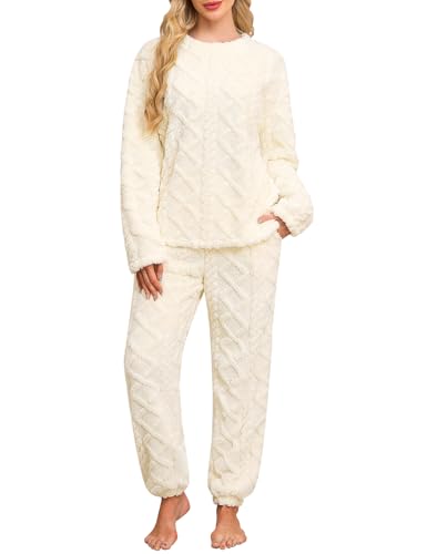 Niwicee Schlafanzug Damen Lang Fleece Pyjama Set Winter Hausanzug Kuschelige Warm Flauschig Nachtwäsche Sleepwear Zweiteiliger Oberteile Und Hosen Freizeitanzug mit Taschen (Beige, XXL) von Niwicee