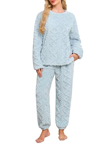 Niwicee Schlafanzug Damen Lang Fleece Pyjama Set Winter Hausanzug Kuschelige Warm Flauschig Nachtwäsche Sleepwear Zweiteiliger Oberteile Und Hosen Freizeitanzug mit Taschen (Blau, S) von Niwicee