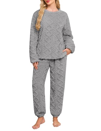 Niwicee Schlafanzug Damen Lang Fleece Pyjama Set Winter Hausanzug Kuschelige Warm Flauschig Nachtwäsche Sleepwear Zweiteiliger Oberteile Und Hosen Freizeitanzug mit Taschen (Grau, XXL) von Niwicee