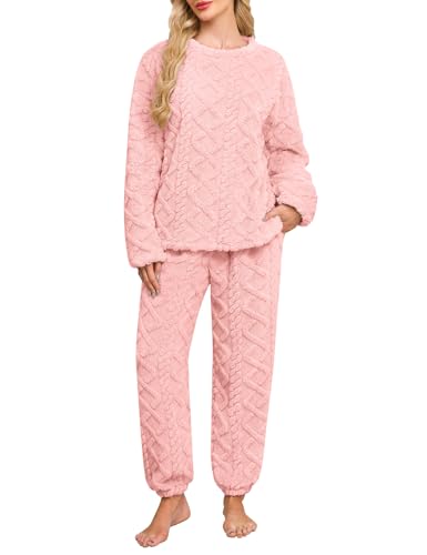 Niwicee Schlafanzug Damen Lang Fleece Pyjama Set Winter Hausanzug Kuschelige Warm Flauschig Nachtwäsche Sleepwear Zweiteiliger Oberteile Und Hosen Freizeitanzug mit Taschen (Rosa, M) von Niwicee