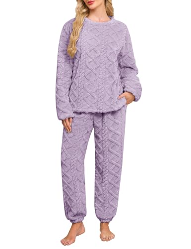 Niwicee Schlafanzug Damen Lang Fleece Pyjama Set Winter Hausanzug Kuschelige Warm Flauschig Nachtwäsche Sleepwear Zweiteiliger Oberteile Und Hosen Freizeitanzug mit Taschen (Violett, XXL) von Niwicee
