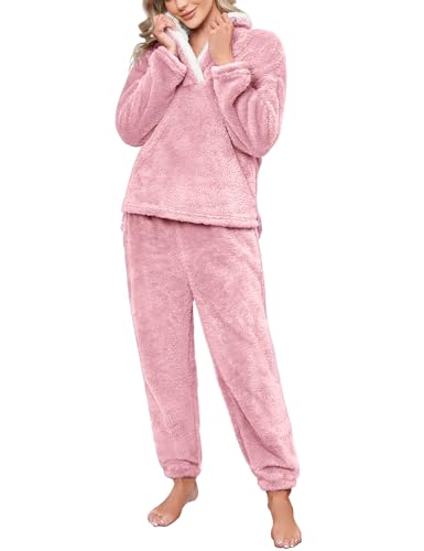 Niwicee Schlafanzug Damen Lang Pyjama Damen 2-Set, Hausanzug Damen Kuschelig Weich Nachtwäsche Sleepwear Pyjamahose,Polar Fleece Oberteile Hosen Warm Anzug Lose Freizeitanzug Mit Tasche (Rosa,XXL) von Niwicee