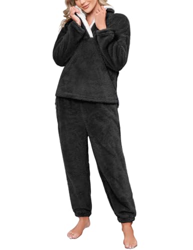 Niwicee Schlafanzug Damen Lang Pyjama Damen 2-Set, Hausanzug Damen Kuschelig Weich Nachtwäsche Sleepwear Pyjamahose,Polar Fleece Oberteile Hosen Warm Anzug Lose Freizeitanzug Mit Tasche (Schwarz,XXL) von Niwicee