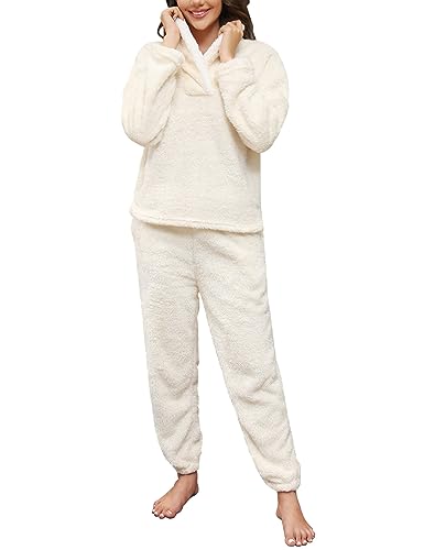 Niwicee Schlafanzug Damen Lang Pyjama Damen 2-Set, Hausanzug Damen Kuschelig Weich Nachtwäsche Sleepwear Pyjamahose,Polar Fleece Oberteile Hosen Warm Anzug Lose Freizeitanzug Mit Tasche-Champagner-XL von Niwicee