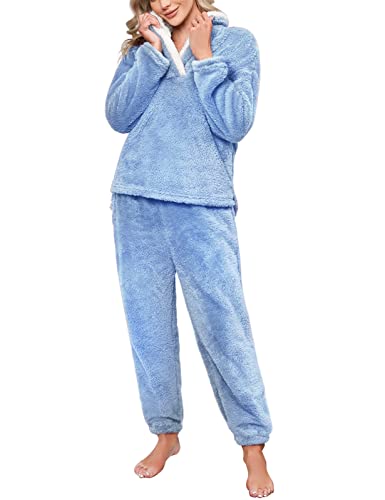 Niwicee Schlafanzug Damen Lang Pyjama Damen 2-Set, Hausanzug Damen Kuschelig Weich Nachtwäsche Sleepwear Pyjamahose,Polar Fleece Oberteile Hosen Warm Anzug Lose Freizeitanzug Mit Tasche-D-Blau-S von Niwicee