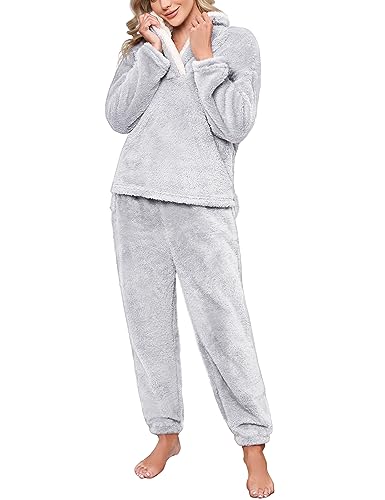 Niwicee Schlafanzug Damen Lang Pyjama Damen 2-Set, Hausanzug Damen Kuschelig Weich Nachtwäsche Sleepwear Pyjamahose,Polar Fleece Oberteile Hosen Warm Anzug Lose Freizeitanzug Mit Tasche-Hellgrau-XL von Niwicee