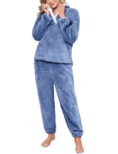 Niwicee Schlafanzug Damen Lang Pyjama Damen 2-set, hausanzug Damen Kuschelig Weich Nachtwäsche Sleepwear Pyjamahose,Polar Fleece Oberteile Hosen Warm Anzug Lose Freizeitanzug Mit Tasche (Dunkelblau,M) von Niwicee