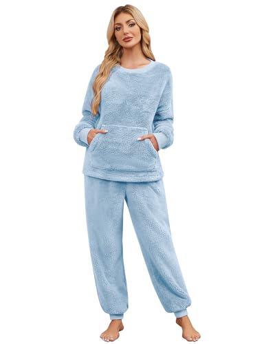 Niwicee Schlafanzug Damen Lang Winter Thermo Pyjama Set Fleece Hausanzug Kuschelig Warmer Flanell Pyjama Nachtwäsche Zweiteiler Flauschig Lounge Anzug mit Sweatshirt und Hose Polar PjS(Blau,XXL) von Niwicee