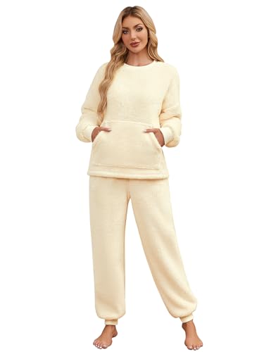 Niwicee Schlafanzug Damen Lang Winter Thermo Pyjama Set Fleece Hausanzug Kuschelig Warmer Flanell Pyjama Nachtwäsche Zweiteiler Flauschig Lounge Anzug mit Sweatshirt und Hose Polar PjS(Gelb,L) von Niwicee