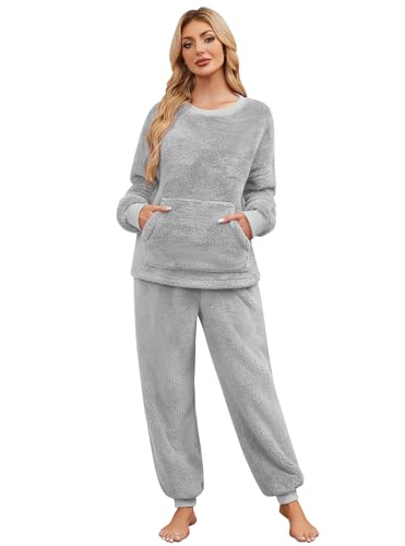 Niwicee Schlafanzug Damen Lang Winter Thermo Pyjama Set Fleece Hausanzug Kuschelig Warmer Flanell Pyjama Nachtwäsche Zweiteiler Flauschig Lounge Anzug mit Sweatshirt und Hose Polar PjS(Grau,XXL) von Niwicee