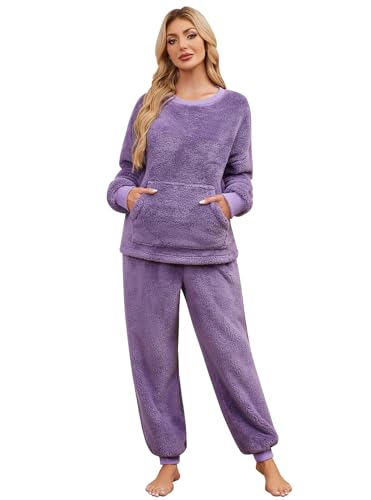 Niwicee Schlafanzug Damen Lang Winter Thermo Pyjama Set Fleece Hausanzug Kuschelig Warmer Flanell Pyjama Nachtwäsche Zweiteiler Flauschig Lounge Anzug mit Sweatshirt und Hose Polar PjS(Lila,M) von Niwicee
