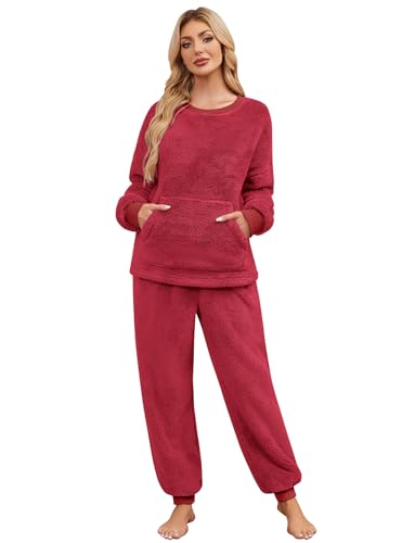Niwicee Schlafanzug Damen Lang Winter Thermo Pyjama Set Fleece Hausanzug Kuschelig Warmer Flanell Pyjama Nachtwäsche Zweiteiler Flauschig Lounge Anzug mit Sweatshirt und Hose Polar PjS(Weinrot,XL) von Niwicee