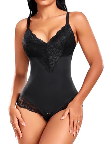 Niwicee Shapewear Damen Bauchweg Body Shaper Bodysuits Leicht Figurformende V-Ausschnitt Bh Bodysuit Spitze Figurformende Sexy Tanga String, Verstellbare Träger Schwarz/Beige-Schwarz-S von Niwicee