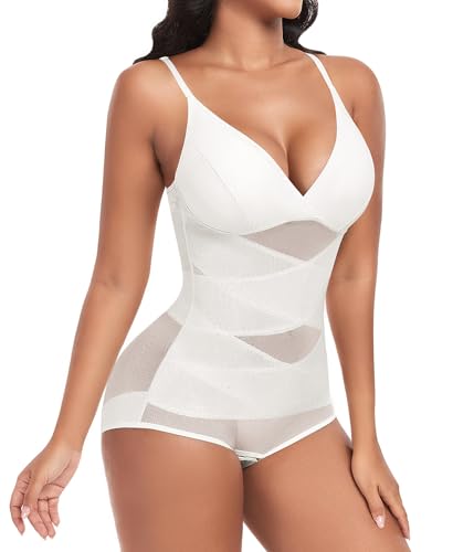 Niwicee Shapewear Damen Bauchweg Bodysuit Figurenformend Body Shaper Sculpting Verstellbarer Schultergurt Tank Top Jumpsuit Shaping Miederbody Nahtlose mit V-Ausschnitt BH Bodysuit(Weiß-S) von Niwicee