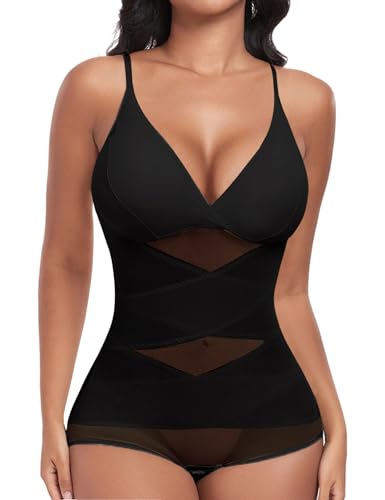 Niwicee Shapewear Damen Bauchweg Bodysuit Figurenformend Body Shaper Sculpting Verstellbarer Schultergurt Tank Top Jumpsuit Shaping Miederbody Nahtlose mit V-Ausschnitt BH Bodysuit-Schwarz-S von Niwicee