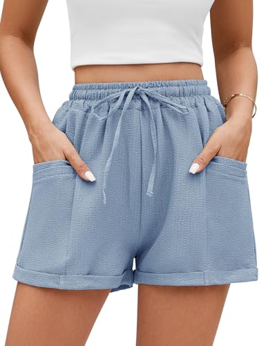Niwicee Damen Sommer Shorts Musselin Kurze Hose High Waist Weite Leg Kordelzug Shorts Solide Casual Lässige Leichte Sport Shorts mit Taschen (Hellblau, M) von Niwicee