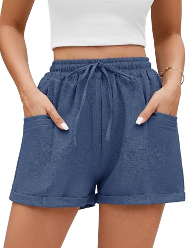 Niwicee Damen Sommer Shorts Musselin Kurze Hose High Waist Weite Leg Kordelzug Shorts Solide Casual Lässige Leichte Sport Shorts mit Taschen (Marineblau, M) von Niwicee