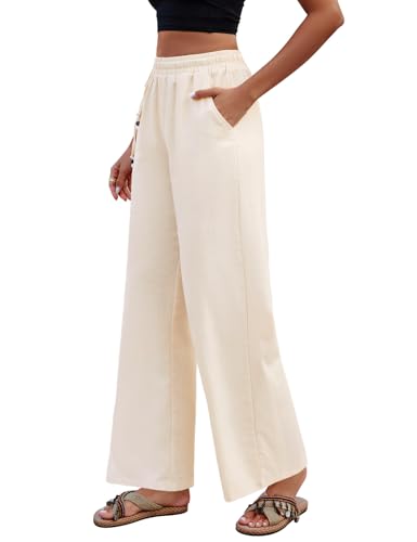 Niwicee Sommerhose Damen Leicht Freizeithose Frauen Loose Fit Sweathose Straight Bein Hose Leinenhose Lange Loose Beach Pants Weite Casual Strandhose Strand Jogginghose Hosen Lässige Stoffhose-Beige-L von Niwicee