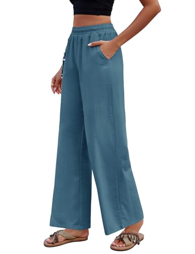 Niwicee Sommerhose Damen Leicht Freizeithose Frauen Loose Fit Sweathose Straight Bein Hose Leinenhose Lange Loose Beach Pants Weite Casual Strandhose Strand Jogginghose Hosen Lässige Stoffhose-Blau-L von Niwicee