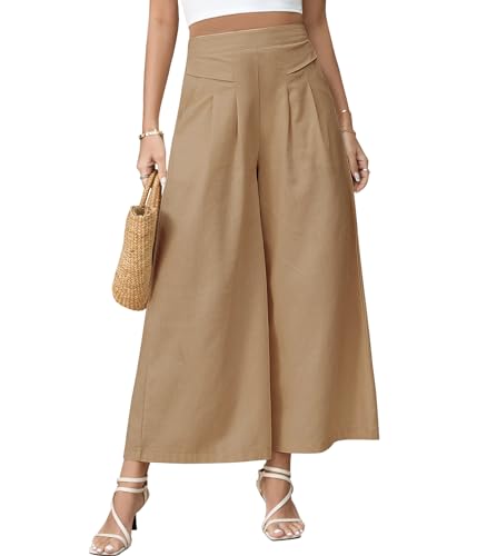 Niwicee Sommerhose Damen Leicht Lässige Palazzo Hose High Waist Freizeithose Baumwolle Leinen Hosen mit Taschen Elastisch Stoffhose S-XL-Khaki-XL von Niwicee