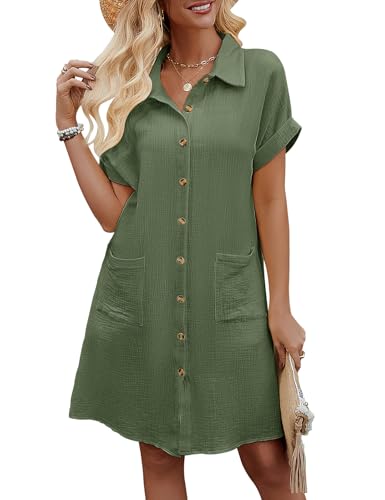 Niwicee Sommerkleid Damen Baumwolle Kleider Musselin Kleid Damen Kleider Knielang Casual Strandkleid Kurzarm Kleid Sommer Shirtkleider Freizeitkleid mit Taschen S-XXL(Grün,L) von Niwicee