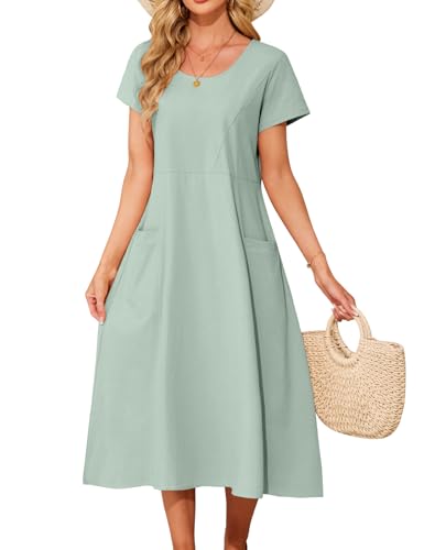 Niwicee Sommerkleid Damen Casual Rundem Ausschnitt Lang Kleider Sommer Elegant Leicht Lockeres Freizeitkleider Baumwolle Einfarbig Lässiges Strandkleid mit Taschen (Grün, XL) von Niwicee