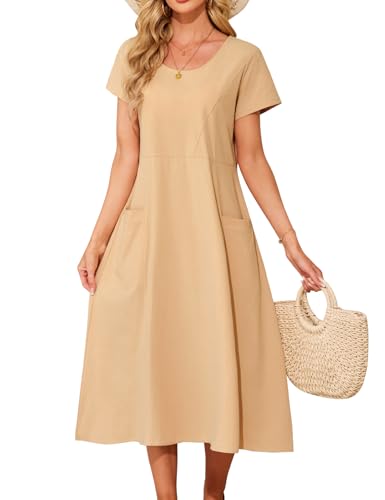 Niwicee Sommerkleid Damen Casual Rundem Ausschnitt Lang Kleider Sommer Elegant Leicht Lockeres Freizeitkleider Baumwolle Einfarbig Lässiges Strandkleid mit Taschen (Khaki, S) von Niwicee