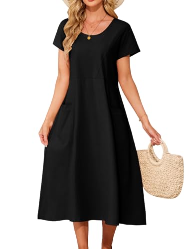Niwicee Sommerkleid Damen Casual Rundem Ausschnitt Lang Kleider Sommer Elegant Leicht Lockeres Freizeitkleider Baumwolle Einfarbig Lässiges Strandkleid mit Taschen (Schwarz, S) von Niwicee