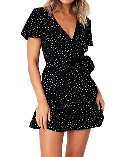 Niwicee Sommerkleid Damen Knielang,V-Ausschnitt Wrap Dress Rüsche Retro Blusenkleid，Casual Blumendruck Plissee Skater Minikleid Strandkleid ，Boho Halteseil Kleid Sommer-Schwarz-XL von Niwicee