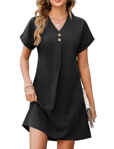 Niwicee Sommerkleider Damen V-Ausschnitt Musselin Kleid A-Linie Strandkleid Elegant Sommer Casual Midikleid Einfarbige mit Knöpfen Kurze Ärmel Blusenkleid Damen (Schwarz, XL) von Niwicee