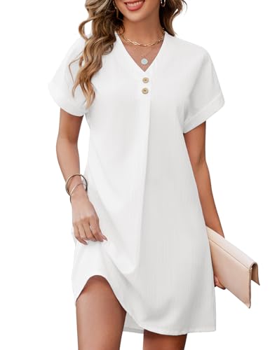 Niwicee Sommerkleider Damen V-Ausschnitt Musselin Kleid A-Linie Strandkleid Elegant Sommer Casual Midikleid Einfarbige mit Knöpfen Kurze Ärmel Blusenkleid Damen (Weiß, XXL) von Niwicee