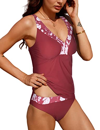 Niwicee Tankini Damen Bauchweg Bademode Set V-Ausschnitt Einstellbarer Print Tank Top Abnehmbar Gepolsterte Dreieck Unterhosen Beachwear Sporttop Tankini Top Strandmode-Rotwein-S von Niwicee