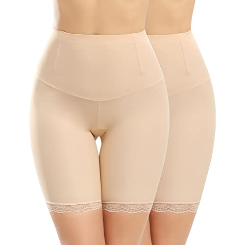 Niwicee Unterhosen Damen Miederpants Radlerhose Kurze Hose Unter Rock Mit Spitze Sicherheitshose Nahtlose Boxershorts Shorts Höschen Leggings Panties Lange Unterwäsche Miederhose Sommer-Beige*2-L von Niwicee