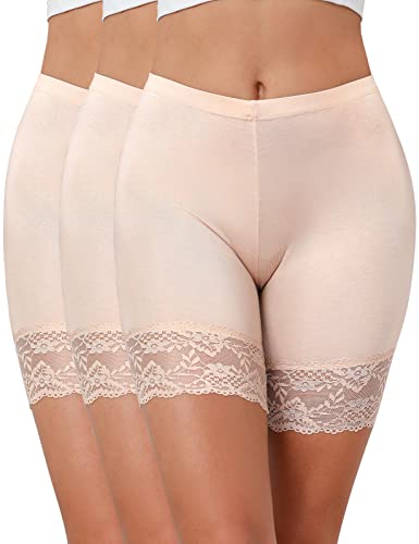 Niwicee Unterhosen Radlerhose Boxershorts Damen,Unter Rock Kurz Hose Anti-Chafing,Datenschutz Anti-rutsch Nicht Gekräuselt,Spitzenrand Elastik Panties Short Length Slipshorts Damen-3*Farbe-L von Niwicee