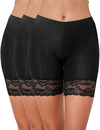 Niwicee Unterhosen Radlerhose Boxershorts Damen,Unter Rock Kurz Hose Anti-Chafing,Datenschutz Anti-rutsch Nicht Gekräuselt,Spitzenrand Elastik Panties Short Length Slipshorts Damen-3*Schwarz-L von Niwicee