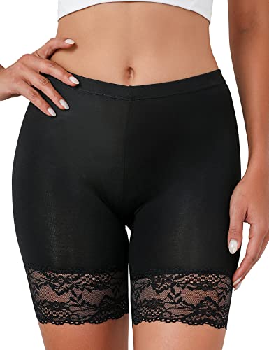 Niwicee Unterhosen Radlerhose Boxershorts Damen,Unter Rock Kurz Hose Anti-Chafing,Datenschutz Anti-rutsch Nicht Gekräuselt,Spitzenrand Elastik Panties Short Length Slipshorts Damen-Schwarz-L von Niwicee