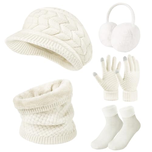 Niwicee Wintermütze Damen Fleece Gefütterte Handschuhe Damen Wärmer Lange Strickmütze Schal Warm Beanie Mütze Ohrenschützer Schal Handschuhe Socken-5 Stück Set Gestrickte Winter Geschenk-Aprikose- von Niwicee