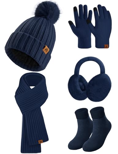 Niwicee Wintermütze Damen Fleece Gefütterte Handschuhe Damen Wärmer Lange Strickmütze Schal Warm Beanie Mütze Ohrenschützer Schal Handschuhe Socken-5 Stück Set Gestrickte Winter Geschenk-Marineblau von Niwicee