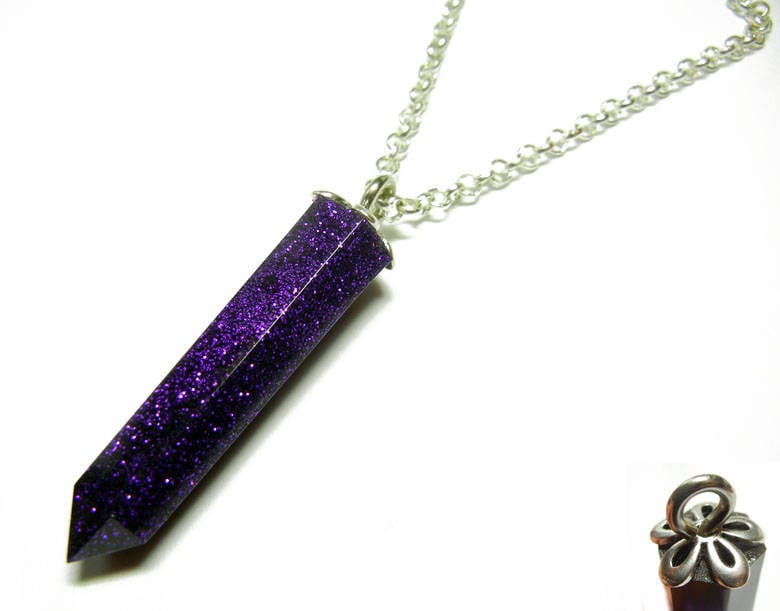 Harz Kristall Anhänger - Lila Glitz 56 cm Sterling Silber Halskette von Nixcreations