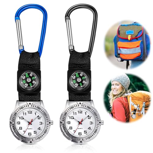 Nizirioo Taschenuhr mit Karabiner Uhr Kompass 2 Pcs Schwesternuhr Outdoor Uhr Damen Outdoor Rucksack Praktisch Taschenuhren für Herren für Krankenschwestern Radfahrer Kletterer, Grau von Nizirioo