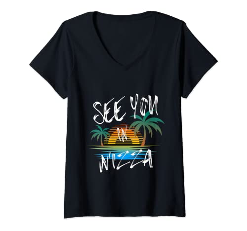 Damen Wir sehen uns in Nizza Frankreich Urlaub Nizza T-Shirt mit V-Ausschnitt von Nizza Trip Camping Palms Europe Beach