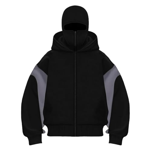 Balaclava Zip Hoodie Herren Ninja Hoodie mit Sturmhaube Oversized Jacke mit Doppel Kapuze Y2K Hoodie mit Fleece Winddichte Übergangsjacke Winter Motor Fahrrad Mask Jacke von Nlaayong