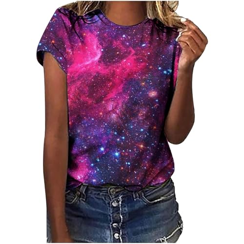 Galaxy Shirt Damen, Galaxie Drucken T-Shirt Bluse Modische, Sternenhimmel Sommer Kostüm, Rundhals Kurzarm Frauen Oberteile Tops, Karneval Costume (01 Blau, M) von Nlaayong