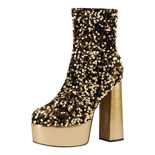 Glitzer Schuhe,Glitter Plateau Stiefeletten Damen Sparkly Block High Heels Kurzschaft Stiefel Metallic Color Disco-Tanzschuhe Ankle High von Nlaayong