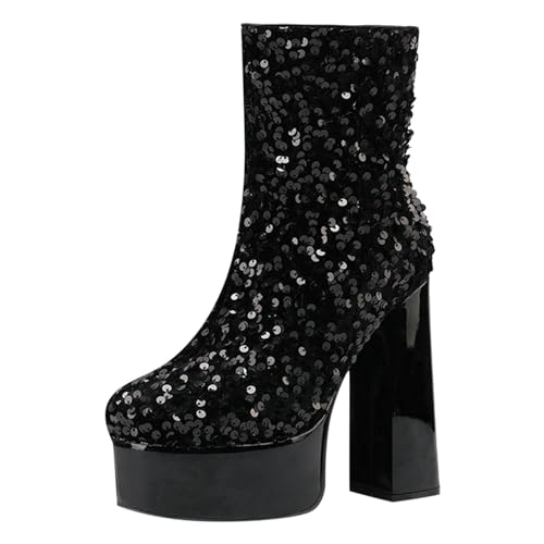 Glitzer Schuhe,Glitter Plateau Stiefeletten Damen Sparkly Block High Heels Kurzschaft Stiefel Metallic Color Disco-Tanzschuhe Ankle High von Nlaayong