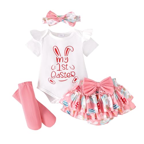 Nlaayong Baby Mädchen Ostern Kleidung Bunny Strampler Hohe Taille Rüschen Tutu Shorts Stirnband Lange Socken Outfit Set Mein Erstes Ostern von Nlaayong