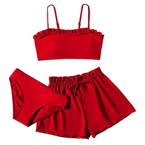 Nlaayong Bikini Set Mädchen Kinder 3 Stück Bikini Set Mädchen Teenager 3 teiliges Einfarbige Badeanzüge Rüschen Bikinioberteil mit Triangel Bikinihose und Shorts Mädchen Biniki Set von Nlaayong