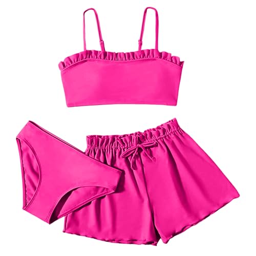 Nlaayong Bikini Set Mädchen Kinder 3 Stück Bikini Set Mädchen Teenager 3 teiliges Einfarbige Badeanzüge Rüschen Bikinioberteil mit Triangel Bikinihose und Shorts Mädchen Biniki Set von Nlaayong